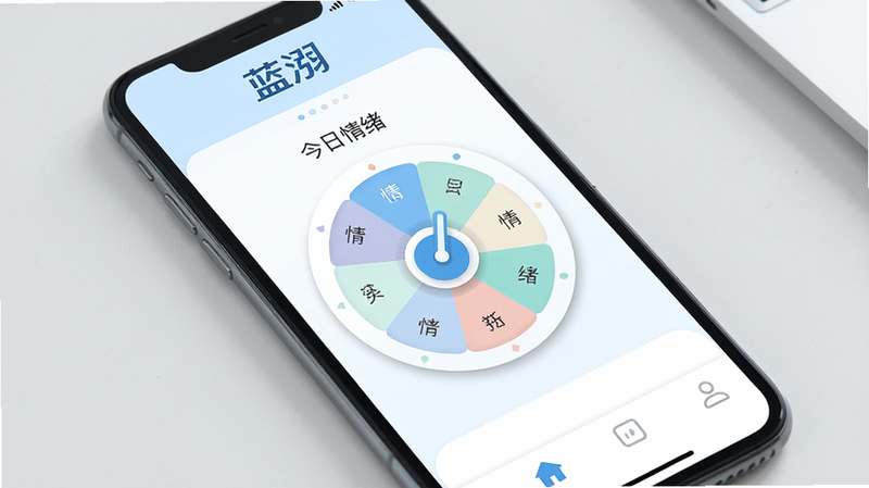 手机界面展示,主体为蓝泓APP首页,布局简洁清新,顶部显示“蓝泓”Logo,中间是情绪选择轮盘,底部为导航栏,风格为扁平化UI设计,色调以淡蓝和白色为主,细节处有柔和阴影,画质高清,干净,无多余元素,文字包含“今日情绪”