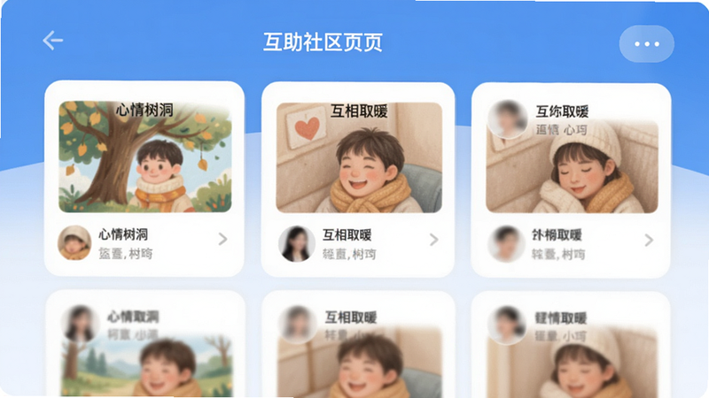 社区界面展示,主体为蓝泓APP的互助社区页,布局为卡片式列表,排版整齐,风格为温馨治愈系,细节处有用户头像模糊处理以保护隐私,画质柔和,干净,无多余元素,文字包含“心情树洞”、“互相取暖”