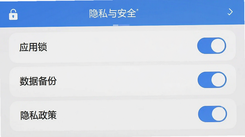 设置界面展示,主体为蓝泓APP的隐私与安全设置页,布局为列表形式,排版清晰,风格为极简科技风,细节处有开关按钮高亮显示,画质清晰,干净,无多余元素,文字包含“应用锁”、“数据备份”、“隐私政策”