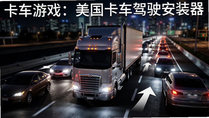 生成“卡车游戏:美国卡车驾驶安装器”的交通AI演示图,画面为夜间城市道路,一辆卡车处于车流中,周围车辆灯光闪烁,用箭头标示出周围车辆的行驶轨迹和避让动作,背景为模糊的城市夜景,突出主体卡车与周围车辆的互动关系,风格写实,光影效果突出,无文字遮挡,清晰展示AI逻辑。