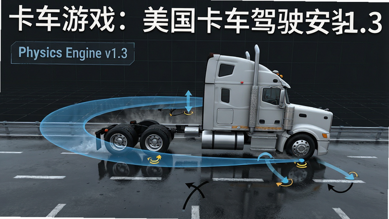生成一张“卡车游戏:美国卡车驾驶安装器”的物理引擎示意图,画面中央是一辆卡车在湿滑路面上急转弯的侧视图,周围用半透明蓝色线条勾勒出重心移动轨迹和轮胎受力点,背景为深灰色科技网格,文字标注“Physics Engine v1.3”,风格为现代科技感,清晰展示力学原理,无杂乱元素,高分辨率。