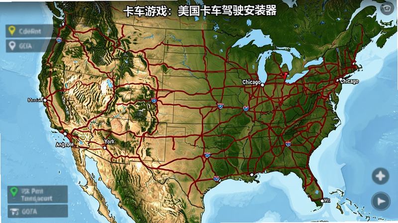 绘制“卡车游戏:美国卡车驾驶安装器”的地图全景图,采用俯瞰视角,展示美国本土地图轮廓,上面标注了纽约、洛杉矶、芝加哥等关键城市节点,用红色高亮显示主要高速路线,背景为淡蓝色海洋,地图上叠加半透明的游戏UI元素,如任务标记点,整体风格为游戏内嵌地图设计,清晰美观,无文字干扰,细节精致。