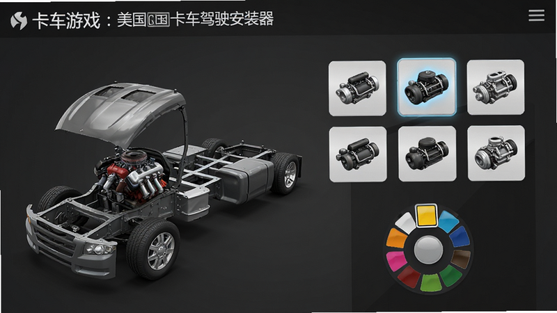 展示“卡车游戏:美国卡车驾驶安装器”的改装界面,画面左侧是一辆正在拆卸引擎盖的卡车底盘,右侧悬浮着多个可选的引擎部件图标,下方是涂装颜色选择盘,整体界面风格现代简约,深灰背景,高亮显示当前选中项,文字标注“Customization”,清晰直观,无多余装饰,高质量渲染。