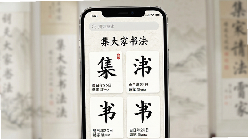 主体是一部竖屏显示的智能手机,屏幕中央展示着“集大家书法”APP的主界面,背景为淡雅的宣纸纹理,界面上方有清晰的搜索栏,中间排列着整齐的书法单字卡片,每个卡片下方标注着朝代和书家名字,整体布局扁平化且现代,风格为清新国潮风,细节处可见高清的毛笔字迹渲染,画质8k,干净,无多余元素,文字引用“集大家书法”