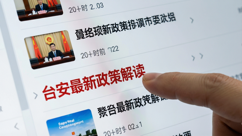 主体为新闻列表界面特写,背景为浅灰色,列表项包含标题、缩略图及时间戳,重点高亮显示一条红色标题“台安最新政策解读”,界面排版整齐,字体清晰易读,风格专业严谨,细节展示手指点击列表项的动作,画质高清,干净无干扰