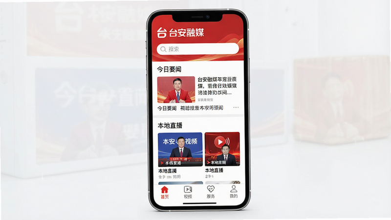 主体为台安融媒App手机端界面展示,布局采用现代扁平化设计,顶部显示红色“台安融媒”Logo及搜索栏,中间区域分为“今日要闻”和“本地直播”两个主要板块,底部导航栏包含“首页”、“视频”、“服务”、“我的”四个图标,整体风格简洁大气,色调以品牌红与白色为主,细节处体现高清屏幕质感,画质清晰,干净无多余元素