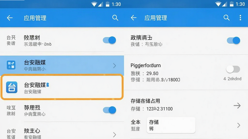 主体为手机设置界面截图,高亮显示“应用管理”中的“台安融媒”选项,布局清晰,背景为Android标准设置风格,细节展示权限开关与存储占用情况,画质清晰,干净无干扰