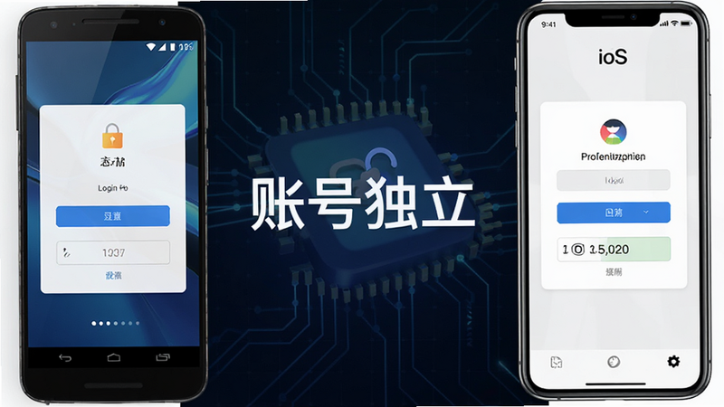 主体为多设备登录示意图,左侧安卓手机,右侧iOS手机,中间显示“账号独立”字样,布局对称,风格科技感强,细节展示登录框与验证码输入,画质高清,干净无杂乱