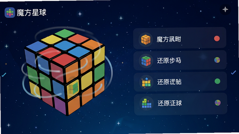 主体为一款名为“魔方星球”的手机应用界面展示图,布局清晰整洁,左侧显示一个正在旋转的彩色三阶魔方3D模型,右侧列出清晰的还原步骤列表,排版采用现代扁平化设计,风格科技感强,细节丰富,背景为深蓝色星空渐变,画质高清,干净无多余元素