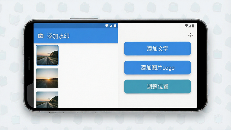一张高清现代风格的手机界面展示图,主体为名为“添加水印”的安卓应用主界面,布局清晰,左侧显示缩略图列表,右侧为编辑面板,排版简洁,包含“添加文字”、“添加图片Logo”、“调整位置”等按钮,风格为扁平化设计,细节处有柔和阴影,画质4k,干净无多余元素,alt属性为添加水印预览图