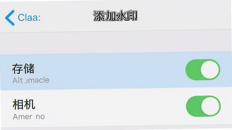 手机设置界面截图,展示“添加水印”应用的权限管理页面,主体为权限列表,高亮显示“存储”和“相机”权限已开启,布局列表式,风格系统原生,细节清晰,画质标准,alt属性为添加水印权限设置预览