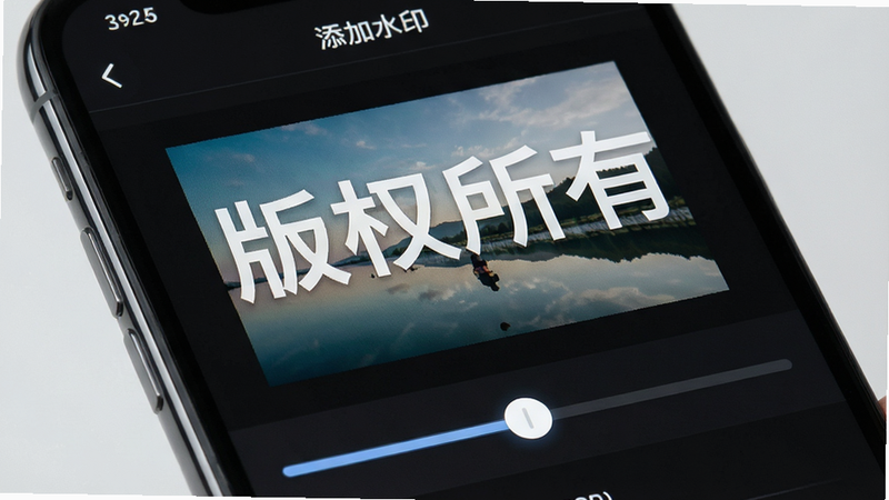 手机屏幕特写,展示“添加水印”软件的文字编辑界面,主体为图片预览区,上方悬浮着半透明的白色文字“版权所有”,下方滑块清晰显示透明度调节条,布局上下分明,风格简约科技,细节显示像素级渲染,画质高清,干净,alt属性为添加水印文字功能预览
