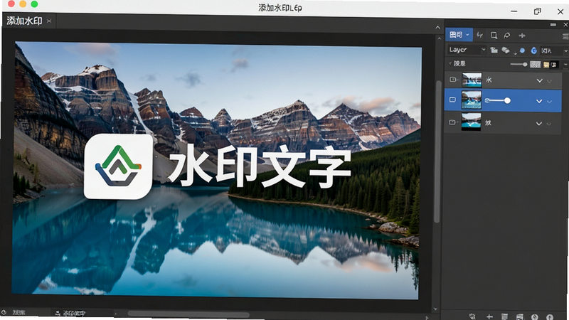 展示“添加水印”软件的多图层编辑界面,主体为一张风景照片,照片上同时叠加了“公司Logo”图标和“水印文字”,右侧面板显示图层列表,布局左右分栏,风格专业商务,细节处可见图层透明度滑杆,画质清晰,无杂乱背景,alt属性为添加水印批量功能预览