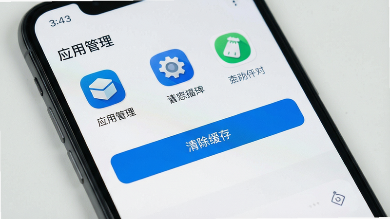 手机设置界面,主体为“应用管理”页面,高亮显示“清除缓存”按钮,布局清晰,风格简洁,细节包括应用图标与名称,高清画质,无多余装饰