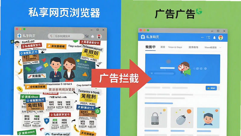 展示“私享网页浏览器”广告拦截效果的对比图,左侧为杂乱广告多的网页,右侧为干净无广告的网页,中间用箭头连接,标注“广告拦截”,风格扁平化,色彩鲜明,高清,无多余装饰