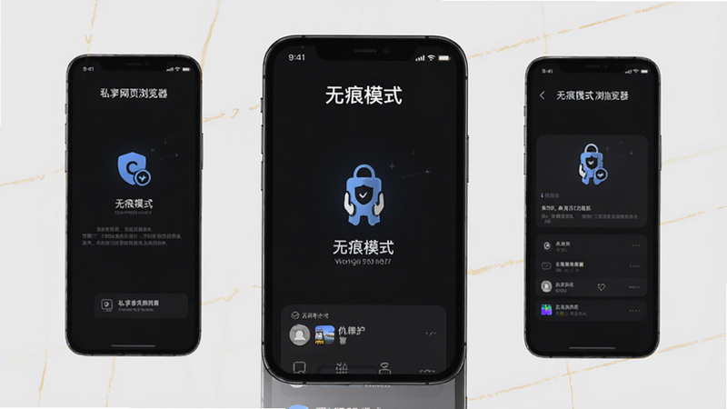 展示“私享网页浏览器”无痕模式界面的UI设计图,主体为手机屏幕,顶部有明显的“无痕模式”标识,背景为深色模式,强调隐私保护图标,排版整齐,风格极简,高清,无水印