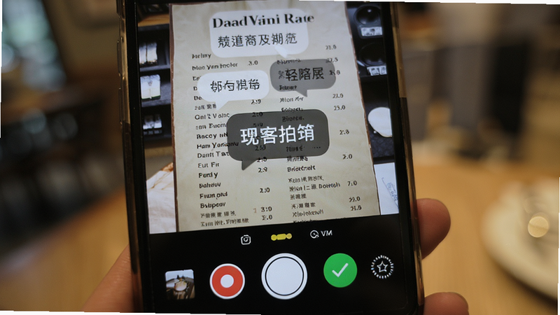 手机屏幕特写,显示相机取景框正在识别一张外文菜单,屏幕上叠加了半透明的中文翻译气泡,界面下方有红色的录音按钮和绿色的确认按钮,背景虚化,突出屏幕内容,真实感强,高清晰度