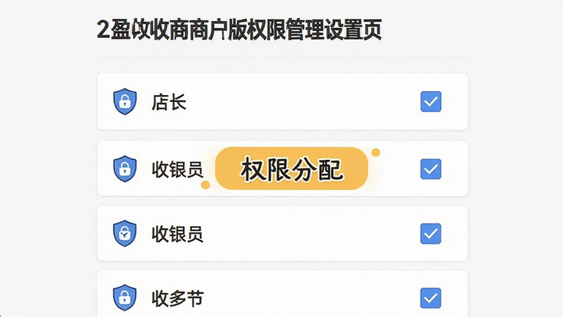 盈收收商户版权限管理设置页面,显示多个角色列表如“店长”“收银员”,每个角色后有勾选框,风格简洁明了,主体为白色背景下的列表项,布局垂直排列,细节包含盾牌图标表示安全,画质清晰,文字“权限分配”高亮显示,无其他干扰元素