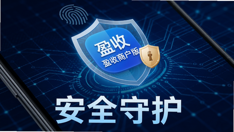 手机锁屏界面,显示“盈收收商户版”图标被盾牌保护,背景为深蓝色科技感网格,主体突出安全概念,细节包含指纹识别图标,布局紧凑,画质高清,文字“安全守护”醒目,无其他干扰元素