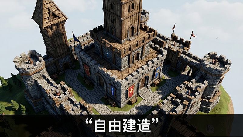 主体为“创造与魔法”中的玩家自建城堡,布局为广角俯视,展示多层塔楼与防御工事,风格为写实奇幻,细节包括木质纹理与石砖拼接,画质高清,干净,无多余元素,文字“自由建造”加引号位于画面底部