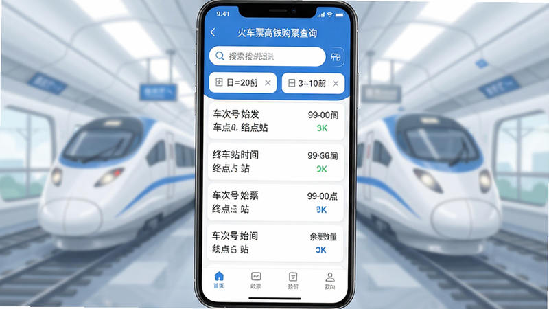 生成一张高清UI设计图,主体为‘火车票高铁购票查询’安卓应用界面,布局清晰,上方显示搜索框和日期选择器,中间列表展示高铁车次信息,包含车次号、始发站、终点站、时间、余票数量,底部有导航栏,风格简约现代,色彩以蓝白为主,细节精致,画质4k,干净无多余元素,文字‘火车票高铁购票查询’清晰可见
