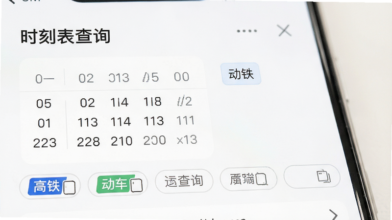 ‘火车票高铁购票查询’APP的时刻表筛选界面,主体为日期选择器和筛选标签,布局清晰,排版现代,风格极简,细节显示‘高铁’、‘动车’标签,画质细腻,干净,无干扰元素,文字‘时刻表查询’