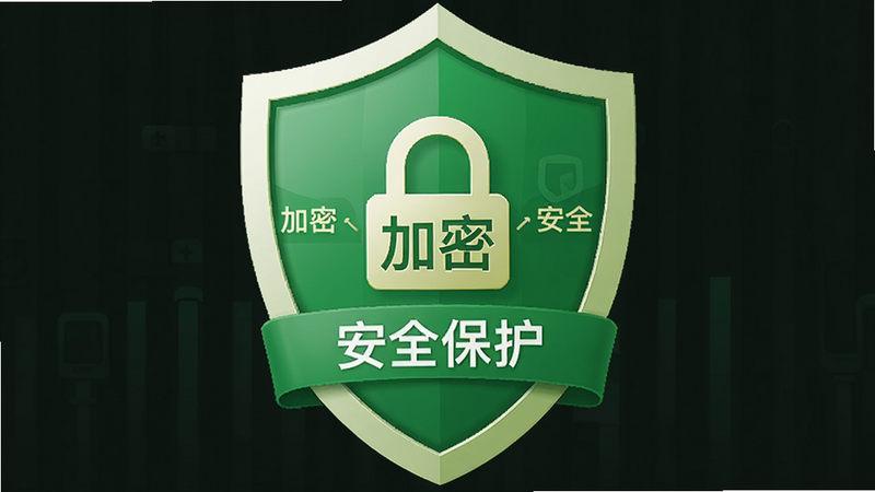 ‘火车票高铁购票查询’APP的安全盾牌图标,主体为绿色盾牌,布局中心对称,排版简洁,风格信任感强,细节显示‘加密’、‘安全’字样,画质高清,干净,无多余装饰,文字‘安全保护’