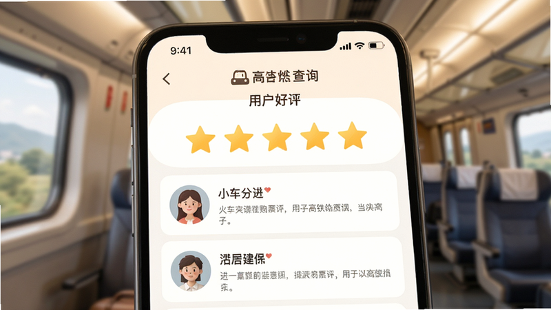 ‘火车票高铁购票查询’APP的用户评价界面,主体为五星好评展示,布局温馨,排版清晰,风格亲切,细节显示用户头像和评论,画质清晰,干净,无负面信息,文字‘用户好评’