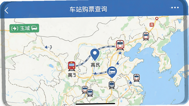 ‘火车票高铁购票查询’APP中的车站地图功能界面,主体为地图定位视图,标记出高铁站图标,布局直观,排版简洁,风格扁平化,细节显示距离和方位,画质高清,干净,无杂乱背景,文字‘车站定位’