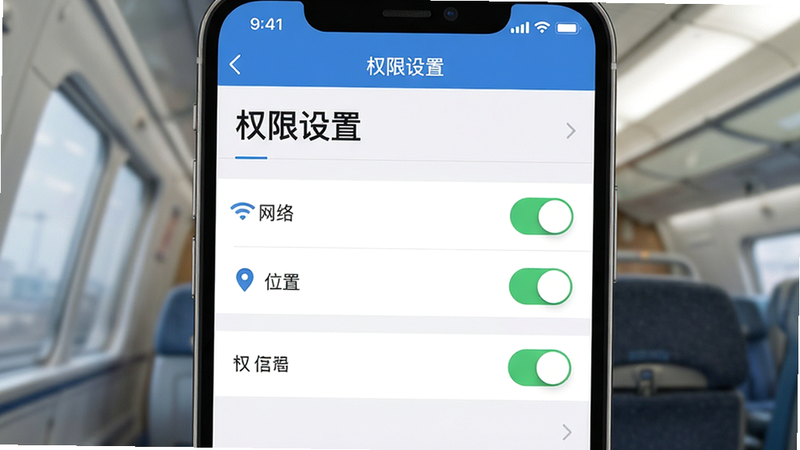 ‘火车票高铁购票查询’APP的设置界面,主体为权限管理列表,布局清晰,排版整齐,风格简洁,细节显示‘网络’、‘位置’开关,画质清晰,干净,无广告干扰,文字‘权限设置’