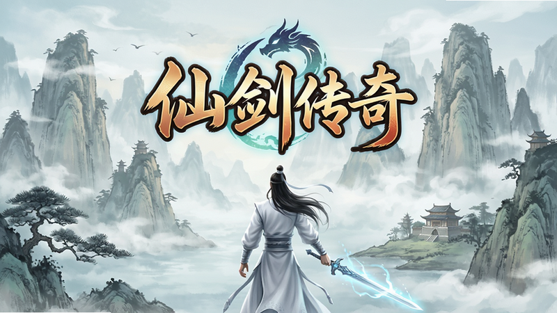 一张高清横版游戏宣传图,主体为“仙剑传奇”游戏Logo,背景是云雾缭绕的仙侠山水,前景有一位身穿白衣的剑客背影,手持发光长剑,画面色调清新淡雅,水墨风格,细节精致,画质4K,无多余文字,构图平衡,突出仙侠氛围