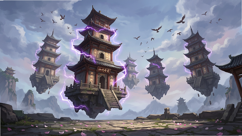 游戏场景展示图,主体为“仙剑传奇”中的“锁妖塔”场景,布局为多层悬浮塔楼,周围环绕着紫色雷电特效,天空中有飞鸟盘旋,排版为全景视角,风格为东方奇幻,细节包括塔身的古老符文和地面的花瓣,画质清晰,色彩浓郁,无UI遮挡,展现宏大场景