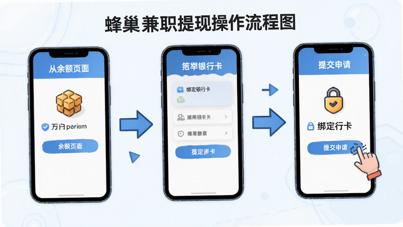 蜂巢兼职提现操作流程图示,展示从余额页面到绑定银行卡再到提交申请的全过程,步骤清晰,箭头指引明确,界面简洁,强调操作的便捷性与安全性,高清插画风格