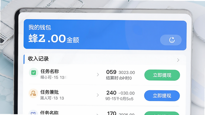 蜂巢兼职结算与账单页面示意图,显示“我的钱包”余额,下方列表展示最近几笔收入记录,包括任务名称、金额、结算时间,旁边配有“立即提现”按钮,界面整洁,数字清晰,强调安全与便捷,现代UI设计,高分辨率