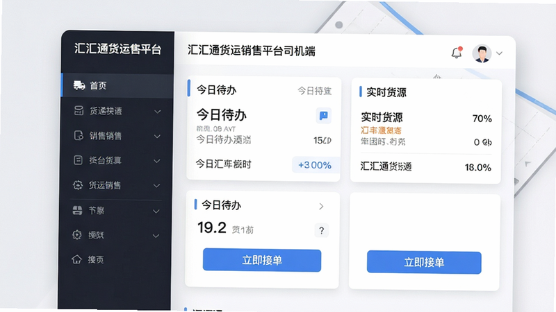主体为汇汇通货运销售平台司机端安卓APP的高保真UI设计展示图,布局采用左右分栏结构,左侧为深色侧边导航栏,右侧为浅色内容区,核心区域显示‘今日待办’与‘实时货源’卡片,排版整洁有序,风格为现代扁平化商务风,细节包含清晰的字体层级与微阴影效果,文字内容严格限定为‘汇汇通货运销售平台司机端’及‘立即接单’,画质8k高清,干净无多余元素
