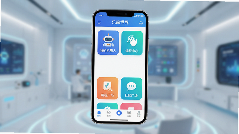 乐森世界APP界面全景图,主体为手机屏幕展示乐森世界主界面,布局清晰,顶部导航栏显示“乐森世界”字样,中间区域展示多个功能模块图标如“我的机器人”、“编程中心”、“社区广场”,底部为标签栏,风格为现代简约科技风,色彩明亮,细节丰富,高清画质,干净无多余元素