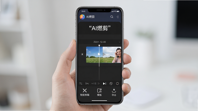 展示一款名为“AI燃剪”的安卓APP界面全景,主体为手机屏幕,布局清晰,顶部显示APP名称“AI燃剪”,中间是时间轴编辑区,底部是功能栏,包含“智能剪辑”、“模板”、“导出”等图标,风格现代简约,细节丰富,画质高清,干净无多余元素,文字加引号