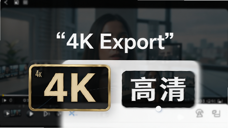 展示“AI燃剪”APP的导出设置界面,突出显示“4K”和“高清”字样,背景为模糊的视频画面,布局简洁,风格专业,细节精致,画质极高,文字加引号“4K Export”,无其他干扰元素