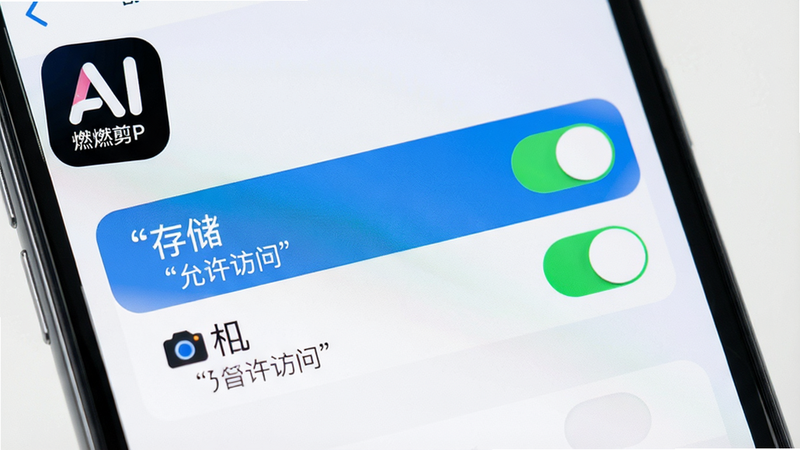 展示手机屏幕上的权限设置界面,高亮显示“存储”和“相机”权限开关,周围有AI燃剪APP图标,布局清晰,风格简洁,细节清晰,画质高清,文字加引号“允许访问”,干净背景
