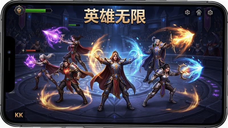一张高清数字艺术风格的手机游戏宣传图,主体是《英雄无限》游戏界面,画面中央展示多位不同职业的英雄角色正在释放炫目的技能特效,背景是深邃的魔法竞技场,布局对称平衡,排版清晰,风格为奇幻写实,细节丰富展现技能光效与角色动作,画质8k高清,干净无多余元素,文字包含“英雄无限”字样