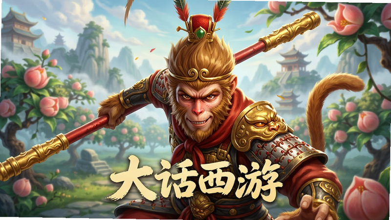 主体为《大话西游》手游的高清宣传海报,布局采用中心构图,前景是孙悟空手持金箍棒的动态特写,背景为梦幻的蟠桃园场景,排版简洁大气,风格为东方奇幻写实风,细节丰富,画质4K超清,干净无多余元素,文字包含