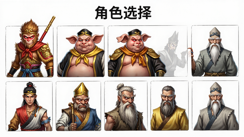 主体为《大话西游》角色选择界面,布局为网格状排列,展示孙悟空、猪八戒、沙僧等经典角色,排版整齐对称,风格为游戏角色立绘,细节丰富,画质细腻,干净无多余元素,文字包含