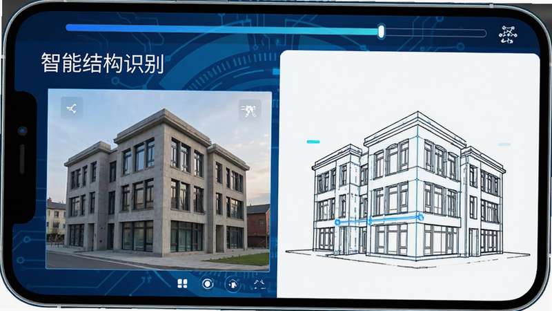 手机界面展示“智能结构识别”功能,左侧是一张普通建筑照片,右侧是识别后的线稿图,线条清晰勾勒出建筑轮廓,界面顶部显示识别进度条,整体风格科技感强,蓝色调为主,高清,无噪点