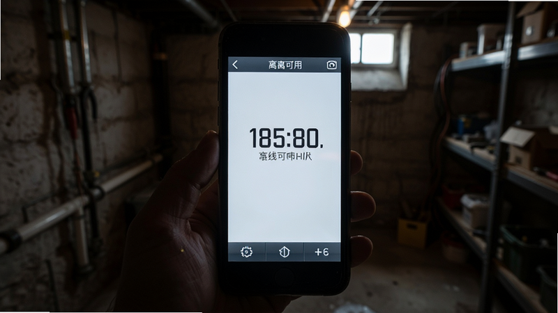手机处于离线状态,屏幕显示测量界面,背景是昏暗的地下室环境,屏幕亮度调高,显示距离数值,界面简洁,突出离线可用特性,写实风格,细节丰富,高清