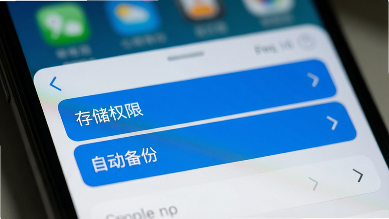 手机屏幕显示设置界面,高亮显示“存储权限”和“自动备份”选项,界面简洁,蓝色高亮块突出显示关键设置项,背景模糊处理,聚焦于设置文字,高清,清晰