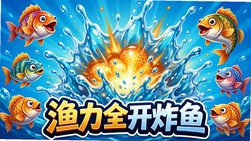 主体是游戏宣传海报风格,中央是巨大的爆炸水花,周围环绕着各种卡通鱼类,底部有“渔力全开炸鱼”的艺术字Logo,布局中心对称,排版大气,风格为鲜艳的色彩插画,细节包括飞溅的水珠与鱼鳞光泽,画质超清,干净无多余元素