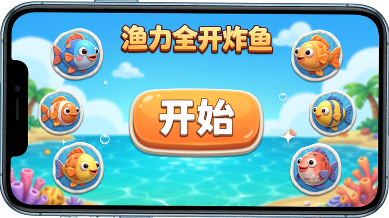 主体为手机屏幕界面,显示游戏《渔力全开炸鱼》的主菜单,背景是卡通风格的蓝天碧水,界面中央有大大的开始按钮,周围环绕着各种可爱的鱼类图标,整体色调清新明亮,布局简洁,排版居中,风格为3D卡通渲染,细节丰富,画质高清,干净无多余元素