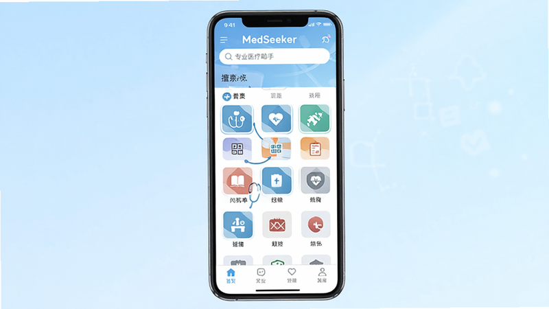 主体为MedSeeker手机应用界面截图,布局为竖屏移动端视图,排版清晰简洁,风格为现代扁平化医疗科技风,细节包含顶部搜索栏、中部分类图标网格、底部导航栏,文字标签显示