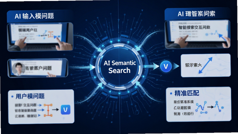 主体为智能搜索交互演示图,布局为中心辐射式结构,排版为左右对比,风格为科技感蓝白配色,细节展示用户输入模糊问题到系统返回精准答案的过程,文字标签显示