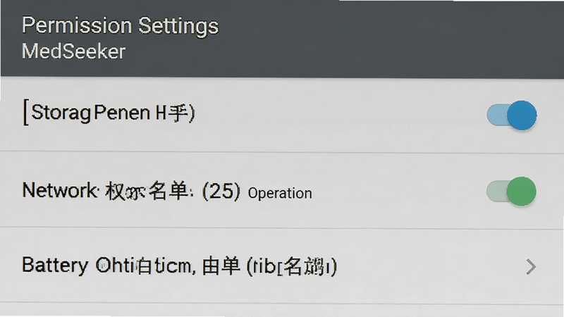主体为移动端权限设置界面示意图,布局为列表式设置项,排版为垂直排列,风格为安卓原生设置界面风格,细节展示存储权限开关、网络权限状态、电池优化白名单选项,文字标签显示